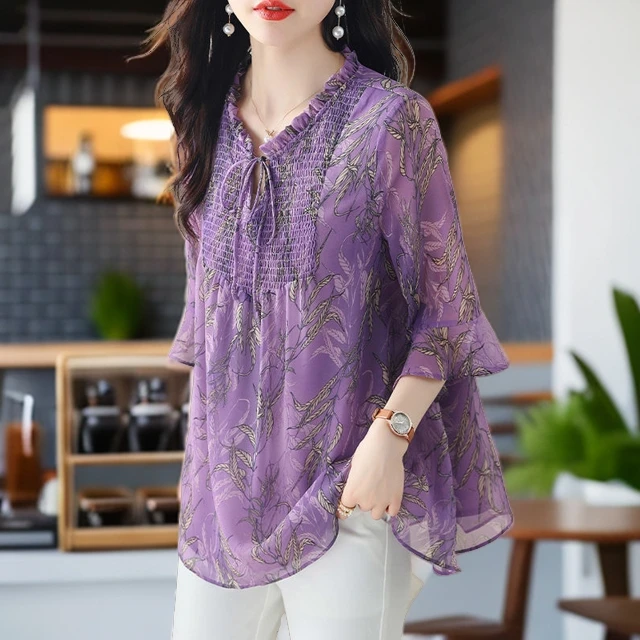 大码女装短袖雪纺衫夏季洋气加肥宽松显瘦遮肚子时尚印花上衣小衫