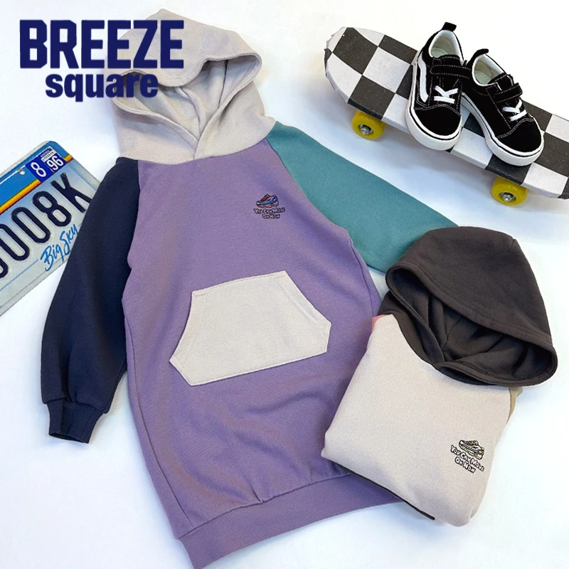 BREEZESQUARE现货儿童中长款紫色撞色拼接连帽长袖卫衣J417922
