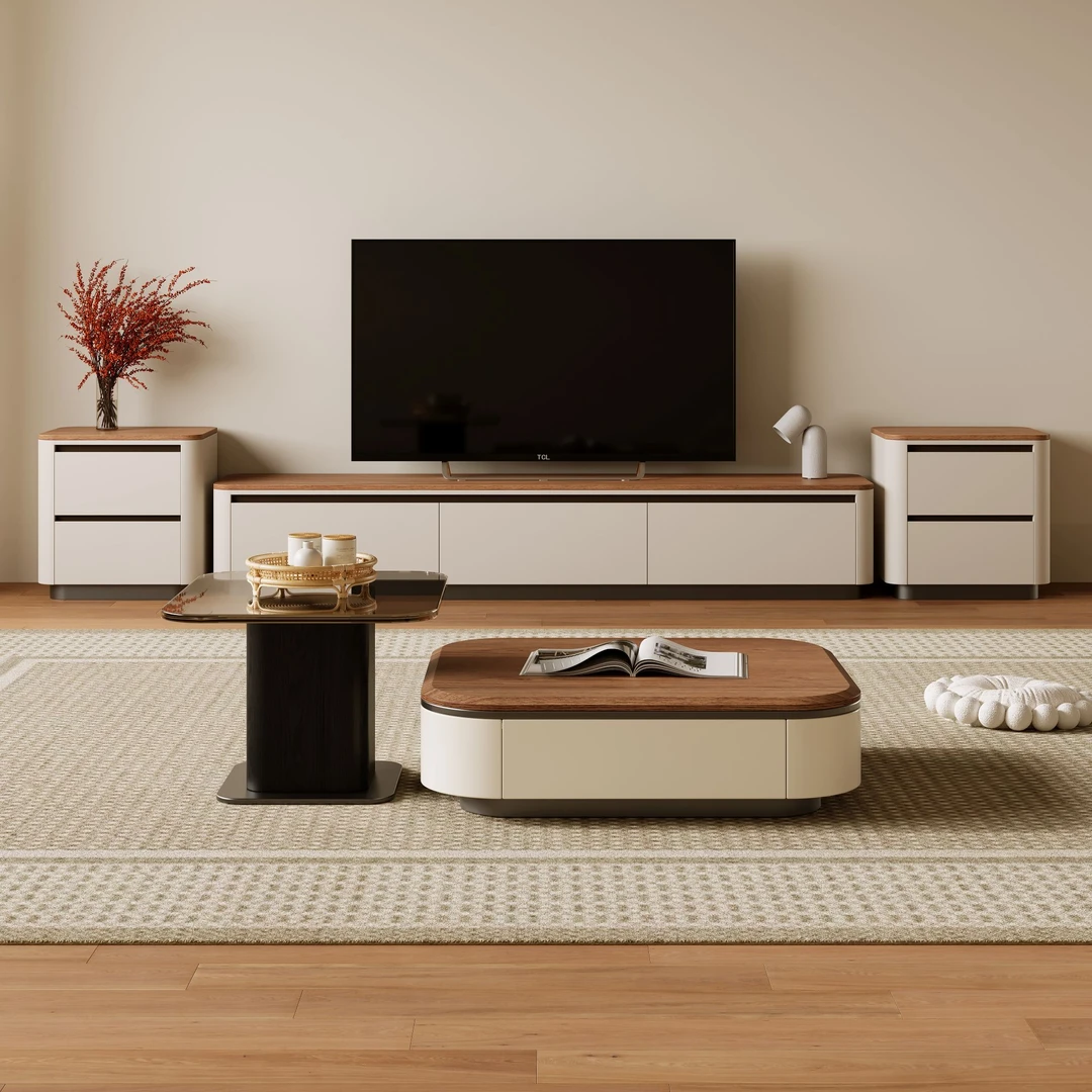 法式复古风胡桃色圆形茶几电视柜组合现代简约轻奢家用客厅地柜