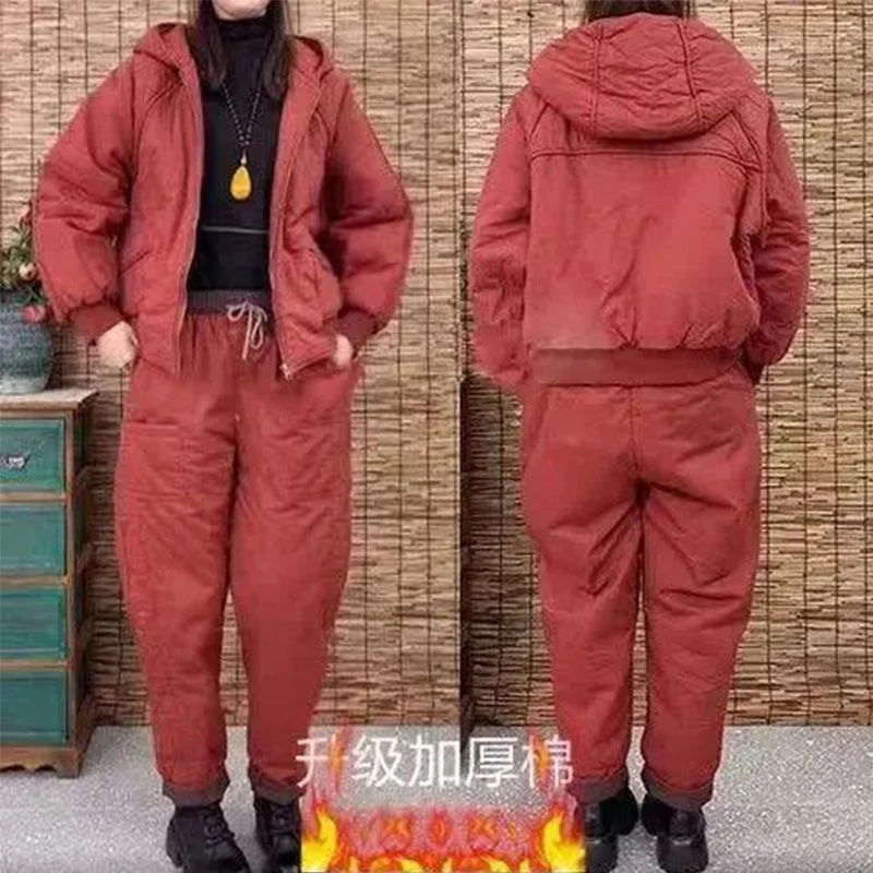 冬季女夹棉加厚2024新款洋气休闲复古连帽保暖棉服高腰棉服棉裤子