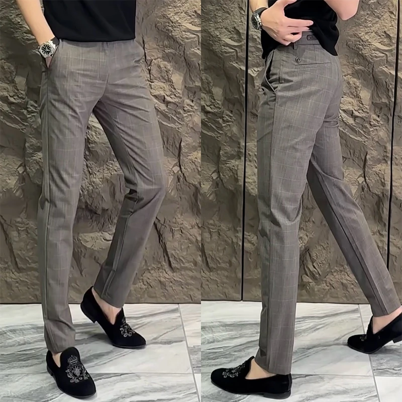 欧货裤子男夏季新款高级商务休闲裤时尚格子拼接百搭修身小脚西裤