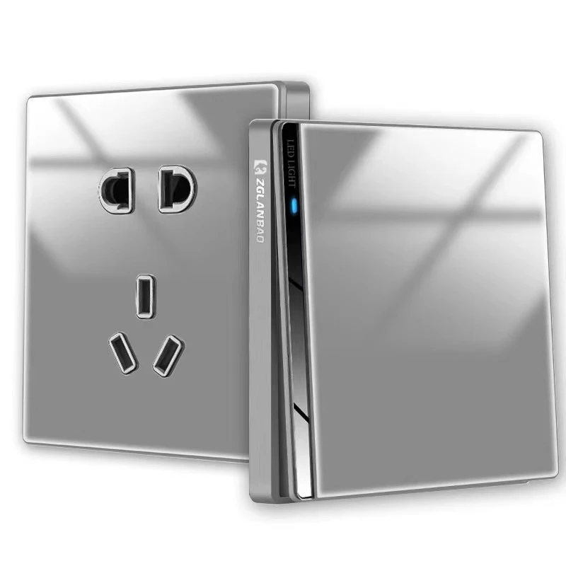 厂价直销光面86型灰色镜面墙壁暗装家用多孔五孔开关插座