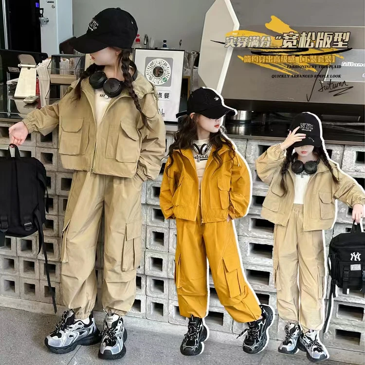 女童春秋款休闲套装2024秋季新款韩版工装裤两件套宽松外套阔腿裤