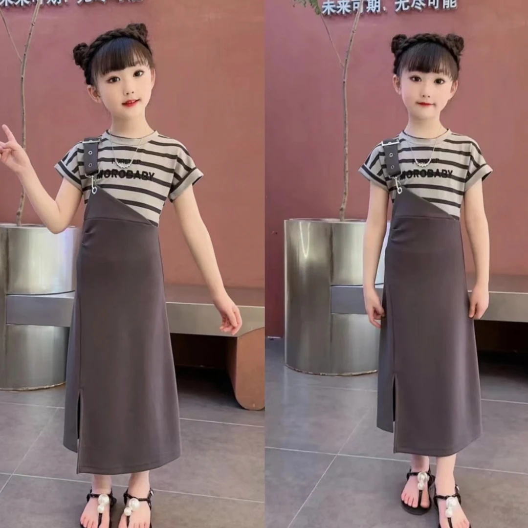 假两件拼接条纹t恤休闲连衣裙女童夏装设计款修身显瘦开叉中长裙
