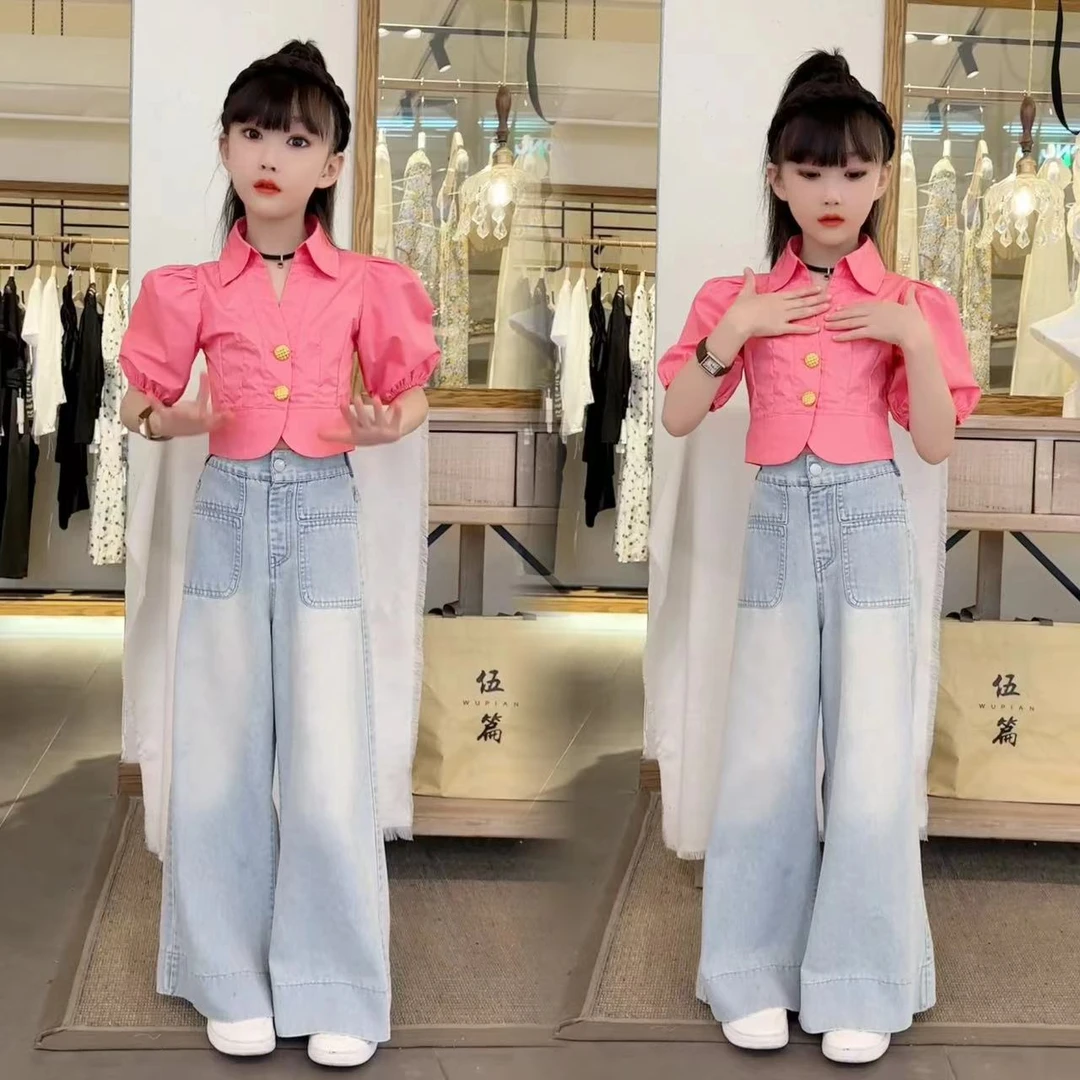 法式翻领泡泡袖衬衫女童夏季轻奢高级感修身短款上衣时尚漂亮小衫