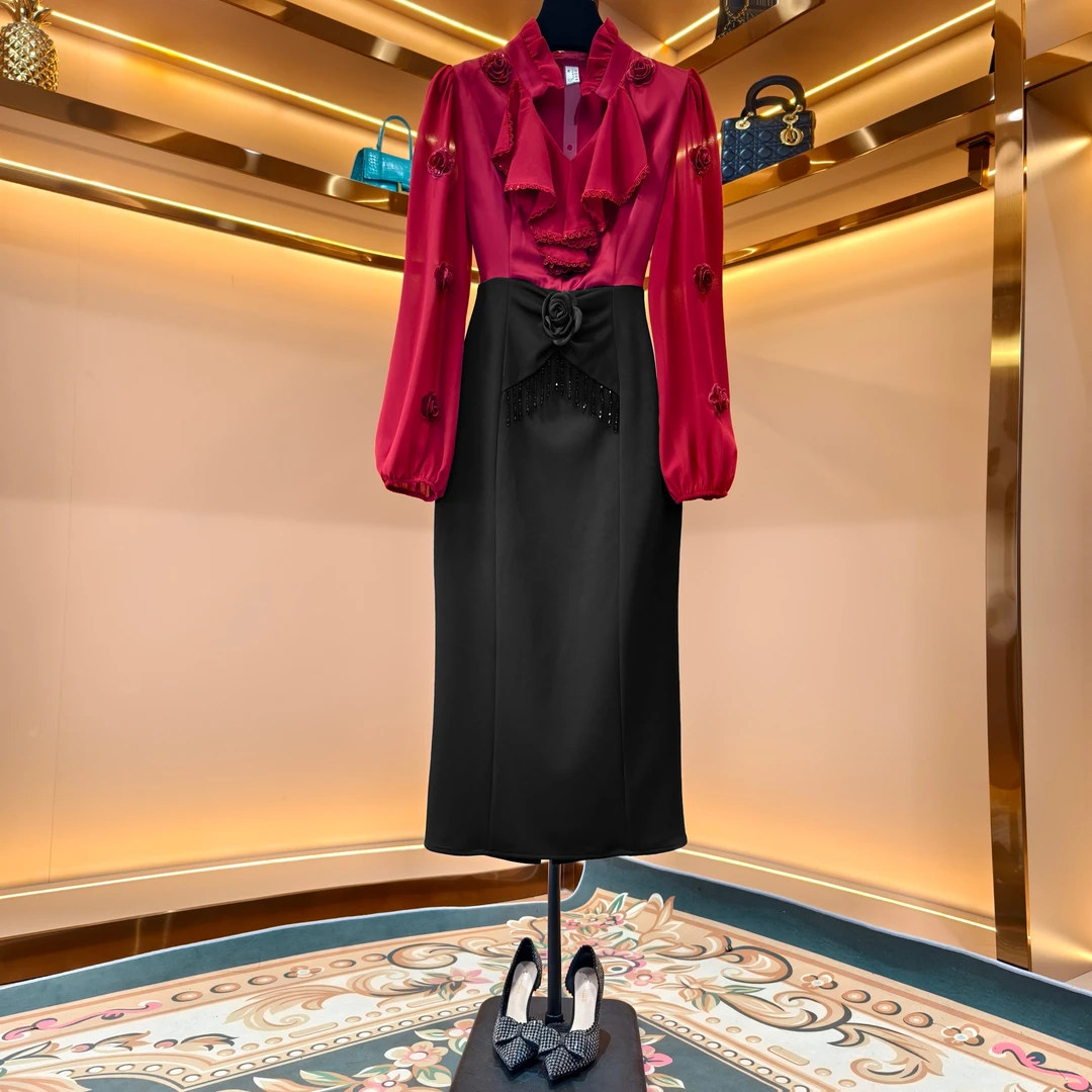 【香舍菲尔】83133秋季新款立体刺绣亮片时尚拼接显瘦气质连衣裙