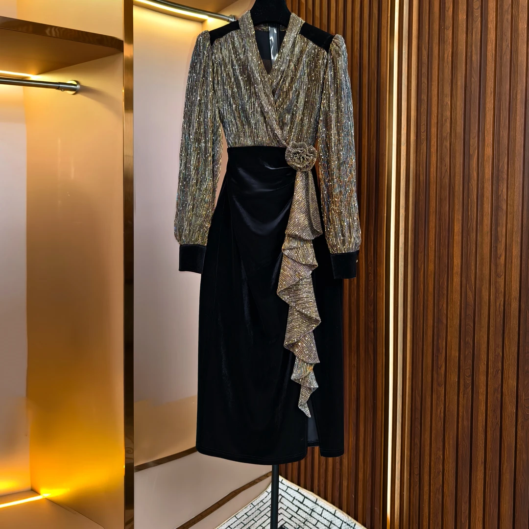 2025春季新款流沙金满天星气质显瘦修身宴会礼服长袖-85908