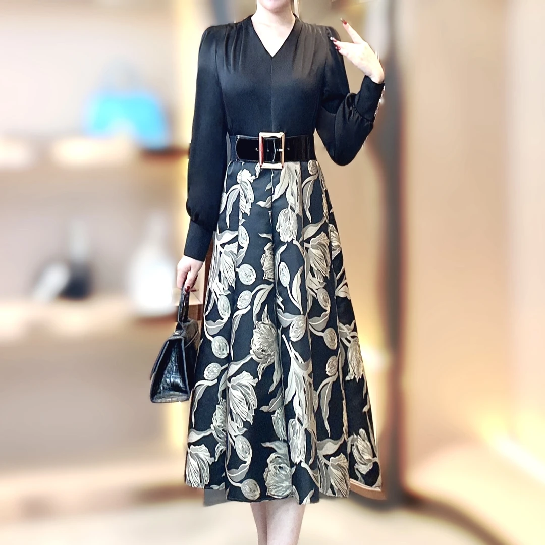 【香舍菲尔】82690新款设计感大花刺绣拼接法式收腰显瘦轻奢连衣裙