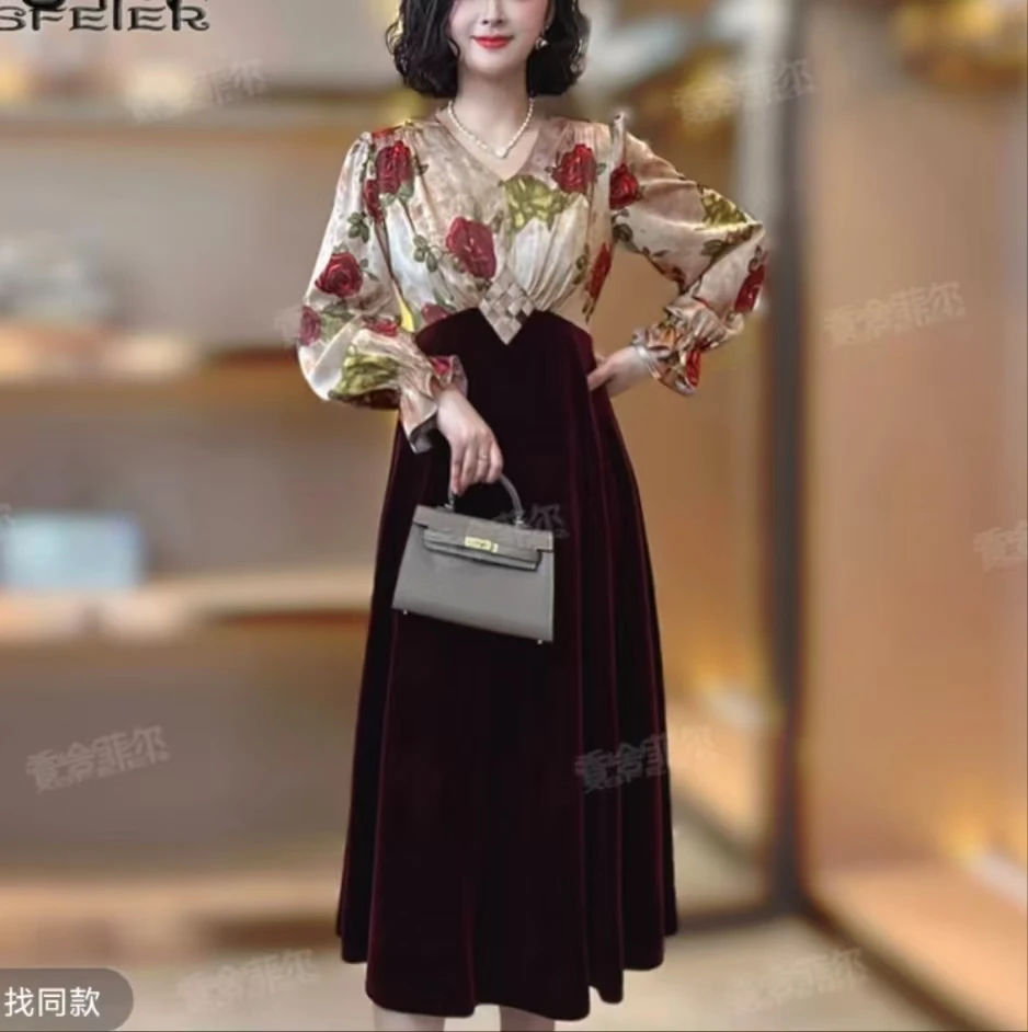 【香舍菲尔】新款优雅时尚绣花纹修身法式收腰显瘦轻奢连衣裙-85265