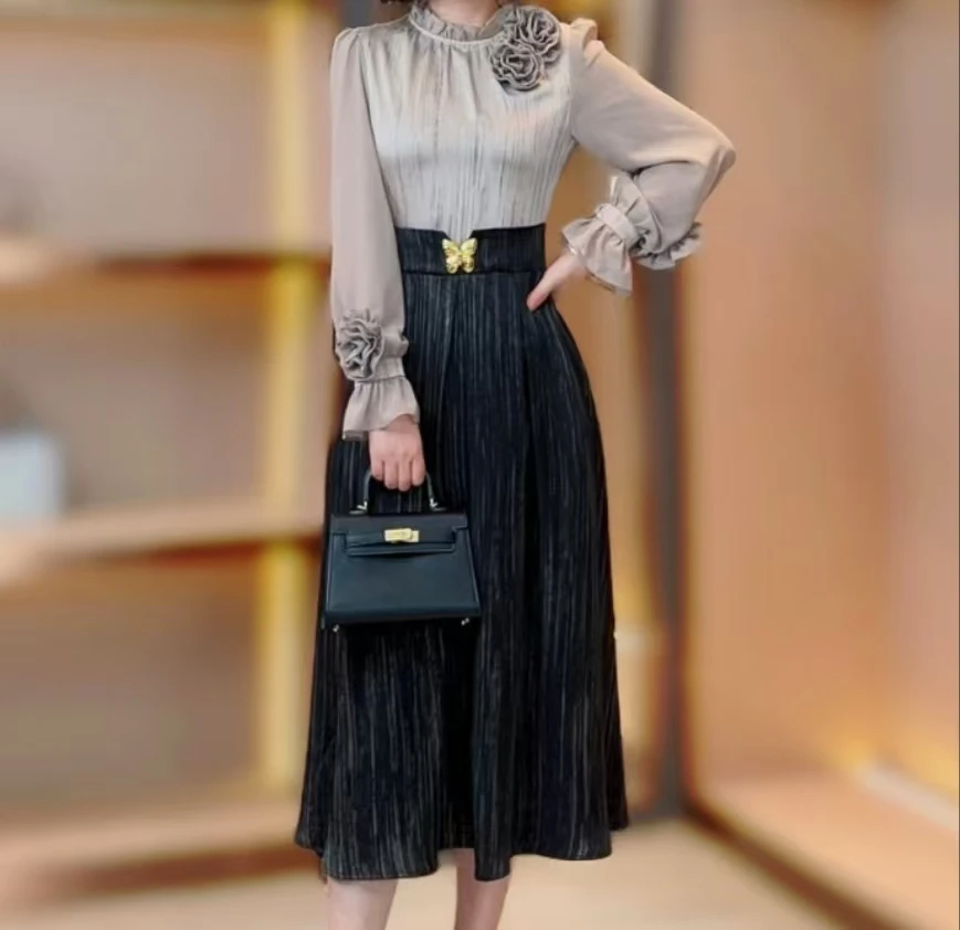 【香舍菲尔】85253 秋冬新款黑金色提花假两件拼接法式轻奢连衣裙