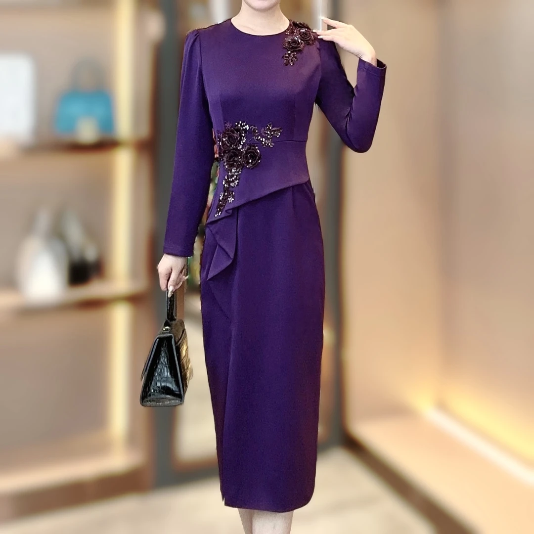 【香舍菲尔】新款法式重工珠片订花修身不规则晚宴礼服连衣裙-82585