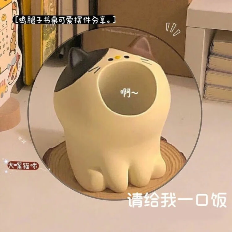 可爱干饭猫摆件创意回形针收纳筒迷你笔插学生笔筒少女心