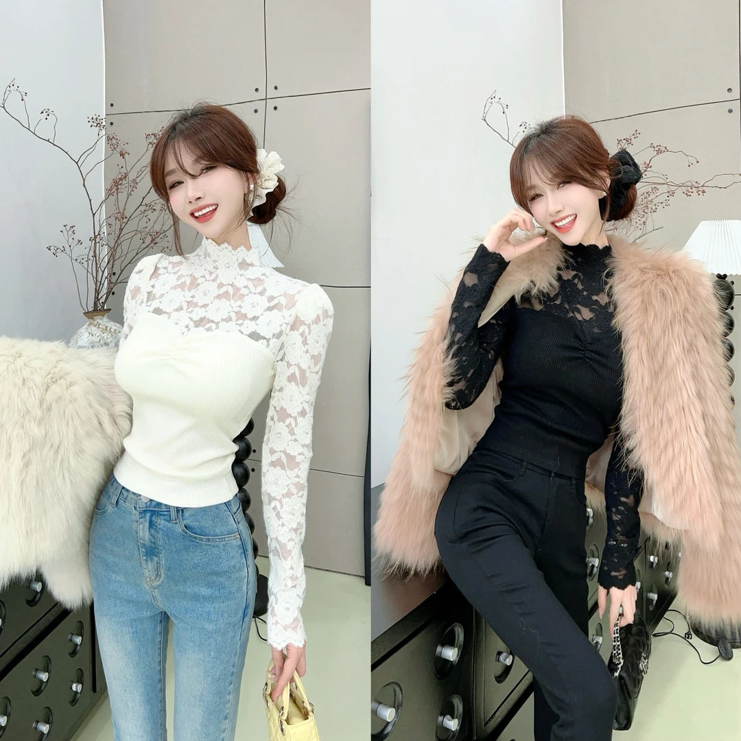 《名媛千金》宫廷风半高领蕾丝拼接针织衫(带胸垫)显瘦气质长袖网红