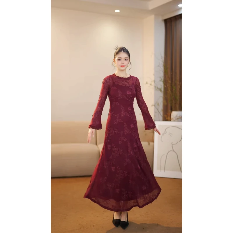 【百亿珍妮】水墨青华 气质名媛立体丝绒连衣裙ZX749