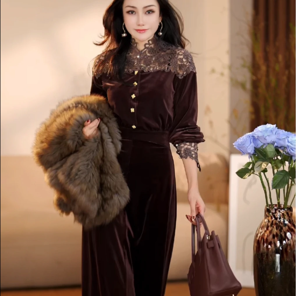 【袁小姐】摩卡魅影 早秋赫本风新款高级丝绒连衣裙-MS30001