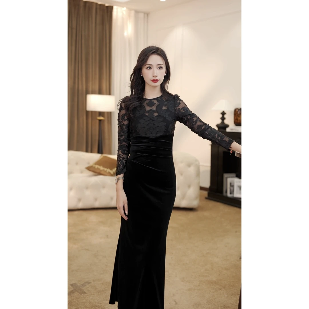 【彩虹】紫夜绮缘秋季新款法式气质收腰显瘦鱼尾连衣裙-YL0035