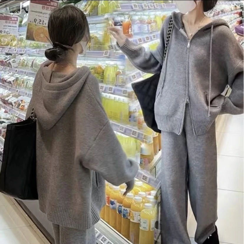 宽松慵懒风连帽针织毛衣套装女秋季大码遮肉休闲阔腿裤秋冬两件套