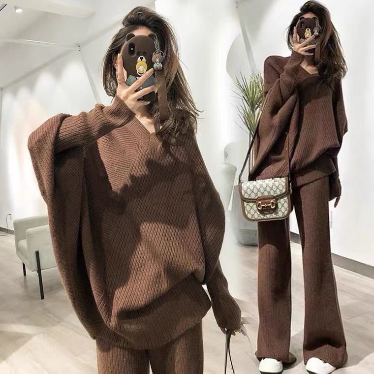秋冬新款慵懒风蝙蝠袖针织上衣两件套气质V领毛衣阔腿裤两件套女