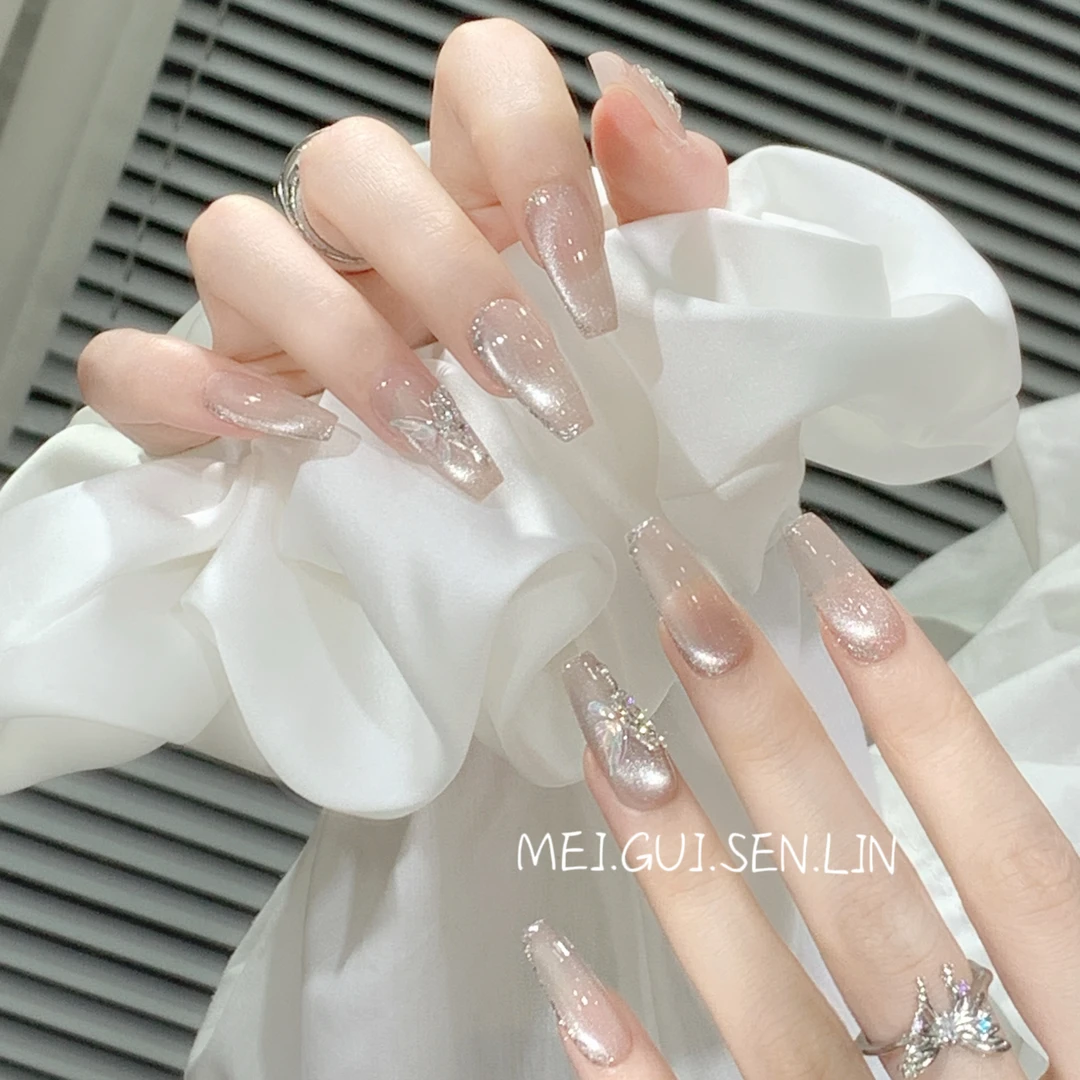 【童话镇】蝴蝶冰透穿戴甲爆闪蝴蝶裸色猫眼穿戴美甲10片