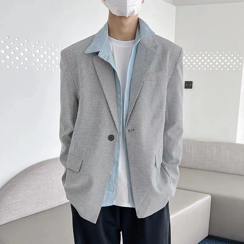 C085小众设计感假两件拼接格子西装男ins休闲复古拼色西服