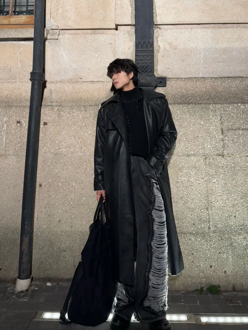INTERLINKED高级设计感皮衣外套男秋冬季潮流PU皮大衣长款风衣