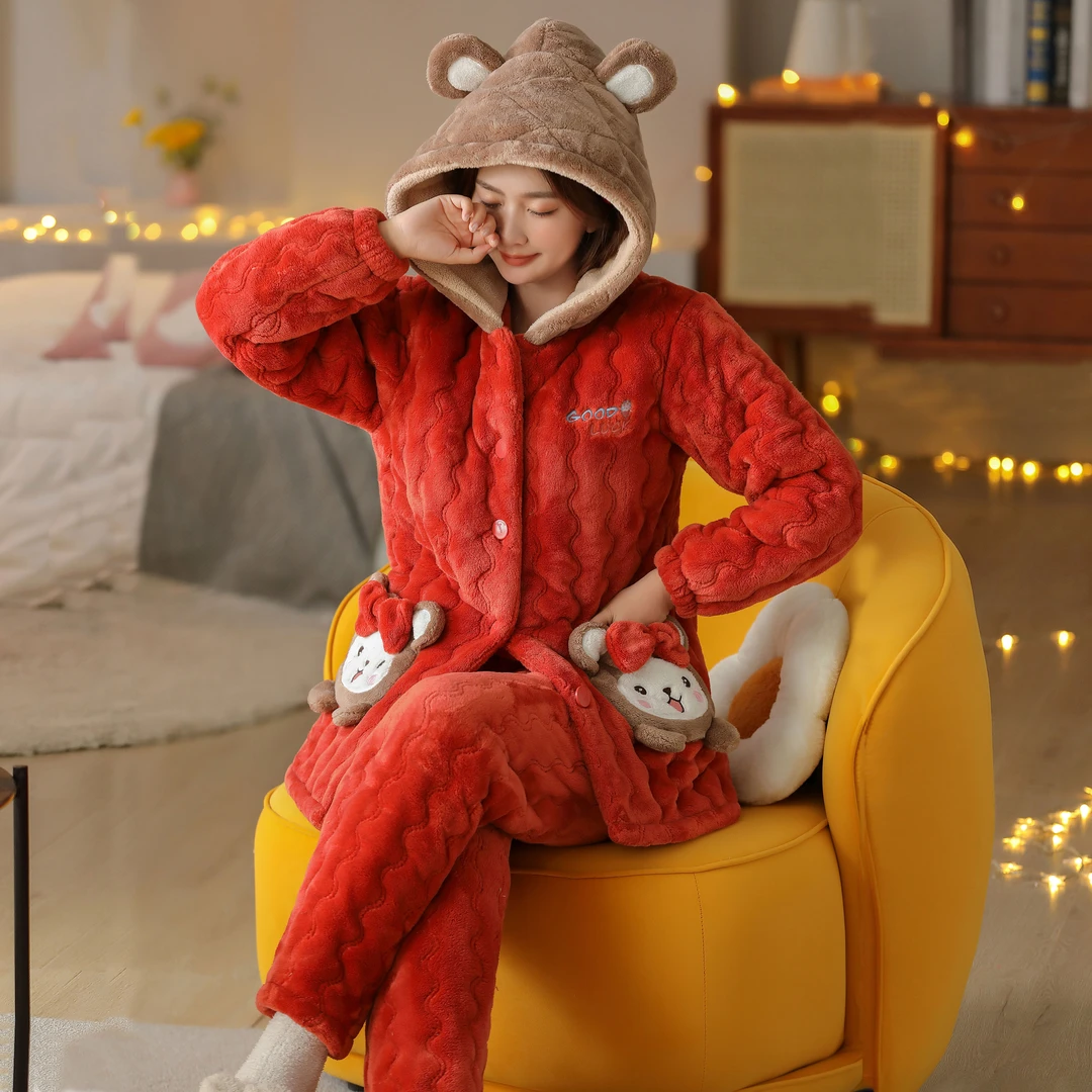 冬季女款加厚睡衣连帽红色喜庆千层卡通加绒保暖舒适冬天家居服