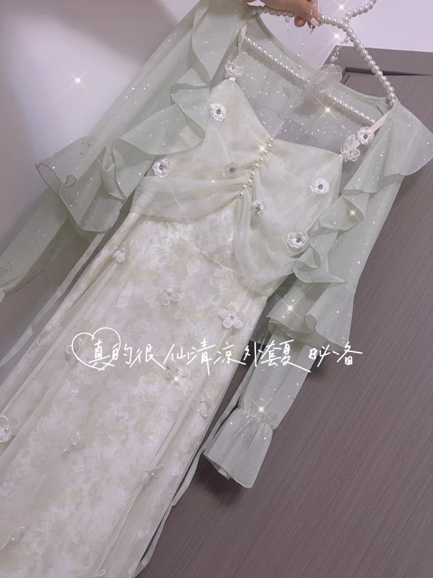 【仙女原创】 手作 立体裁剪花朵绿色飘带连衣裙