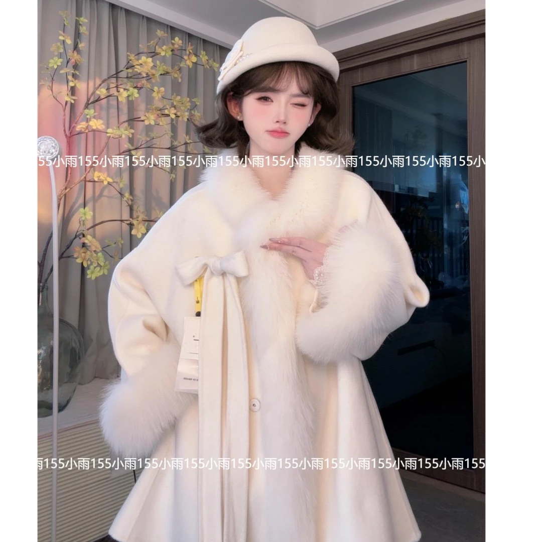 [白月光]新款韩版慵懒风气质斗篷款狐狸毛真毛外套网红加厚
