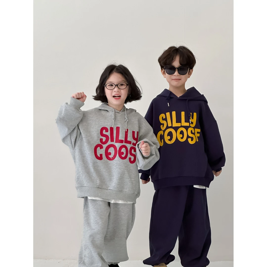 童套装2025秋款男女儿童韩版连帽字母两件套儿童长袖长裤宽松套装