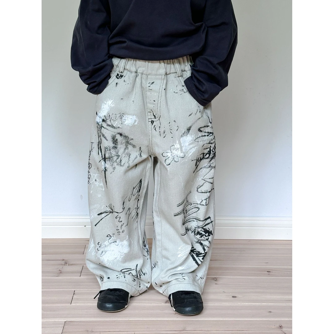2024秋季新款儿童设计感街头涂鸦印花休闲裤男童美式直筒宽松长裤