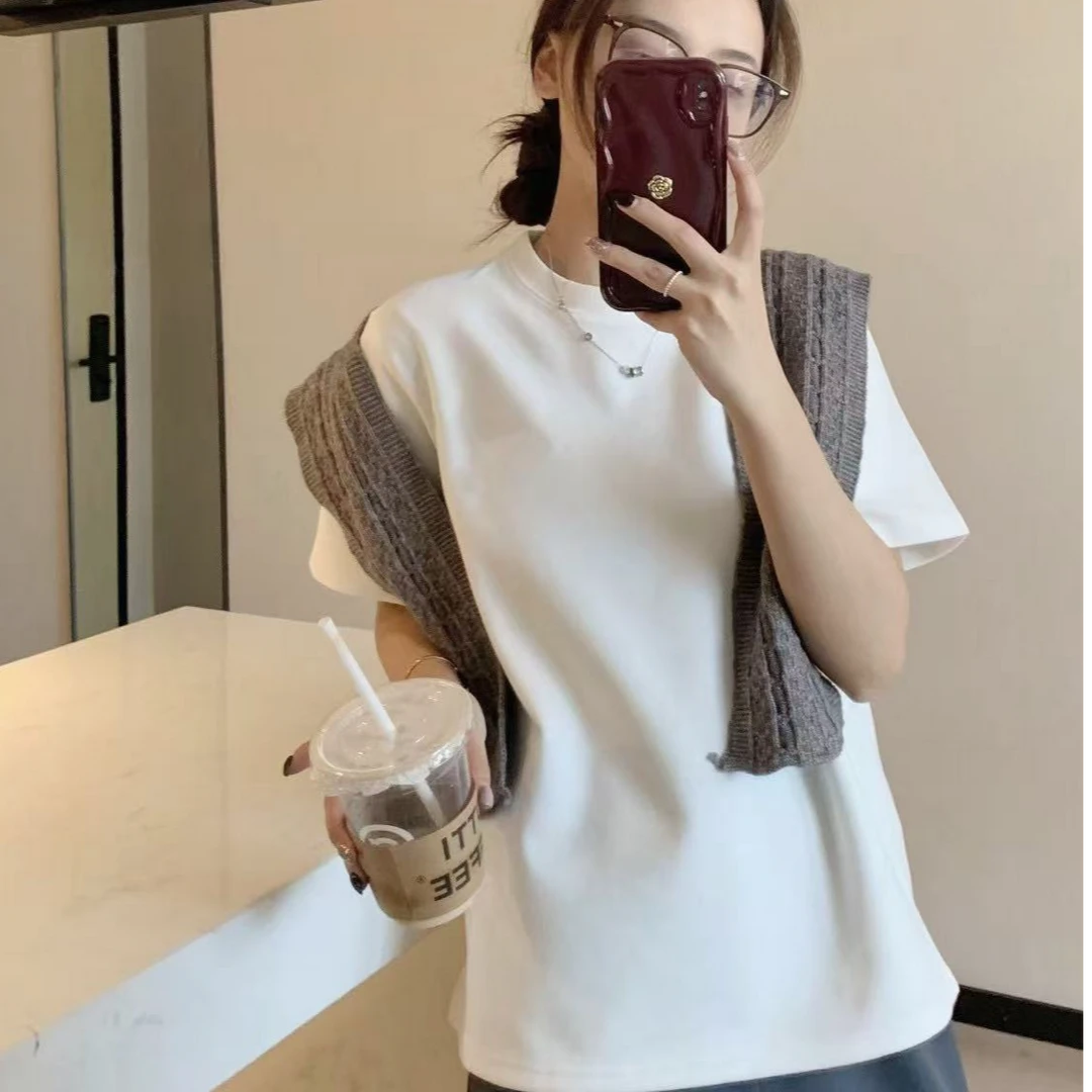 7690女款净版时尚休闲纯色百搭短袖白T恤