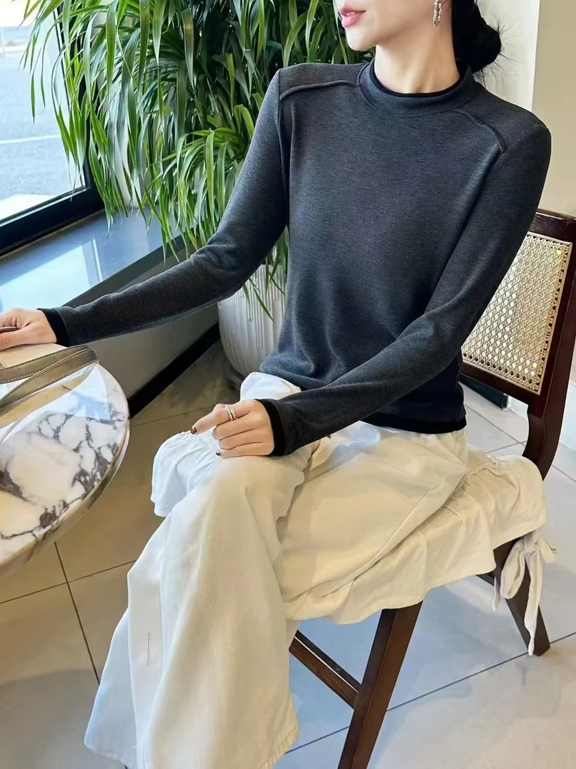 6250女款净版时尚休闲百搭撞色长袖T恤