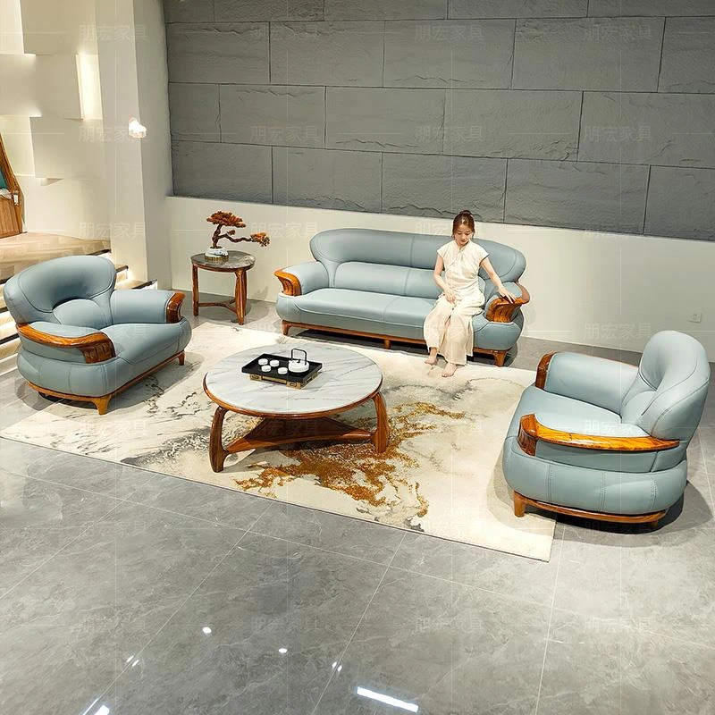 梵多现代简约乌金木真皮沙发别墅家用客厅实木新中式头层牛皮沙发