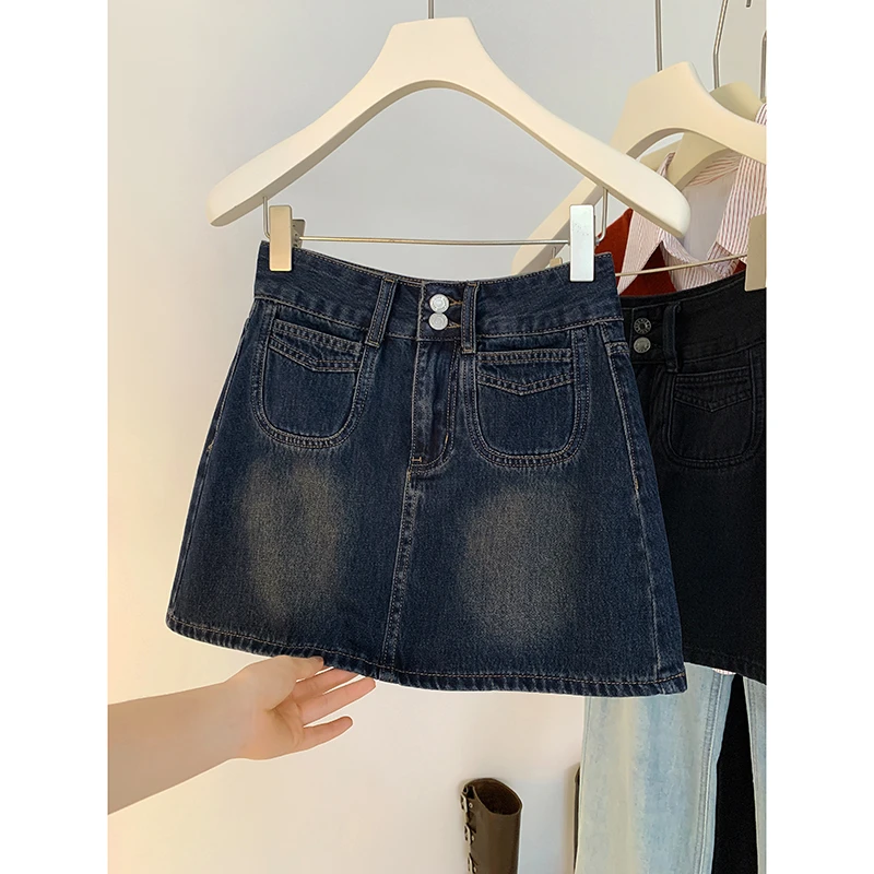 蓝色高腰炸街牛仔半身裙女秋季新款百搭a字裙高级感短裙女款