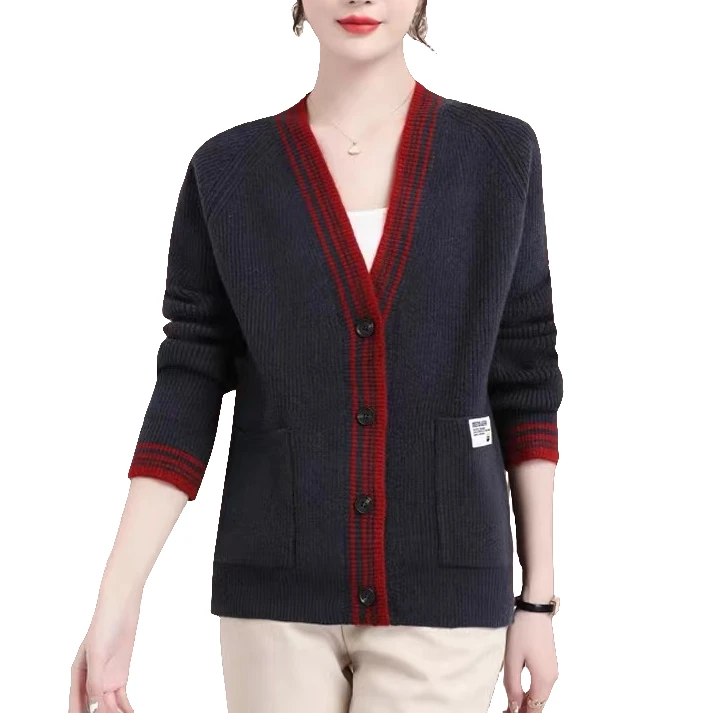 T08时尚外搭针织休闲撞色开衫春秋百搭长袖针织衫