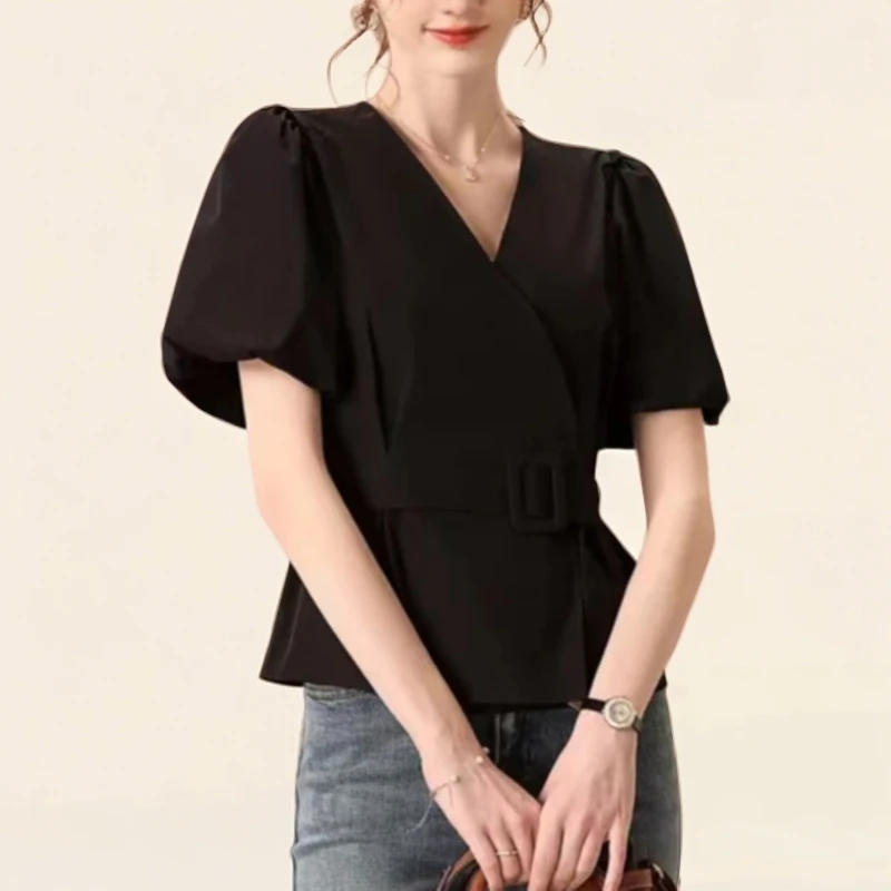 K107夏季气质女装黑色设计感收腰显瘦泡泡袖棉衬衫上衣