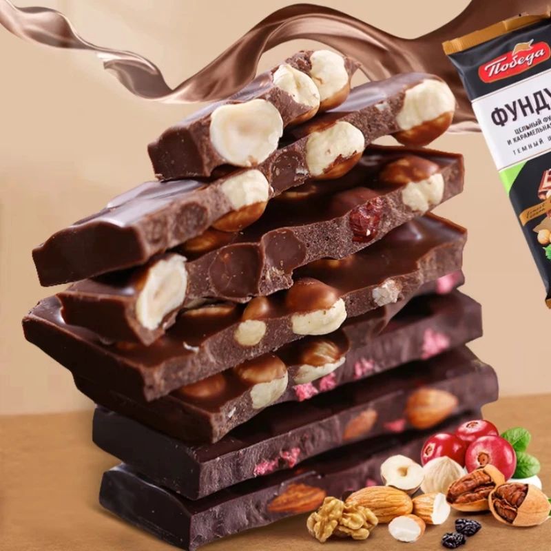 俄罗斯原装进口巧可胜利果仁黑巧核桃腰果榛子仁牛奶黑巧克力零食