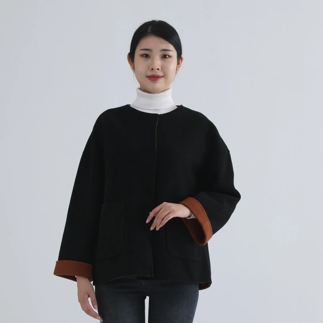 201001拼色单排暗扣羊毛双面尼圆领外套胸围112衣长64