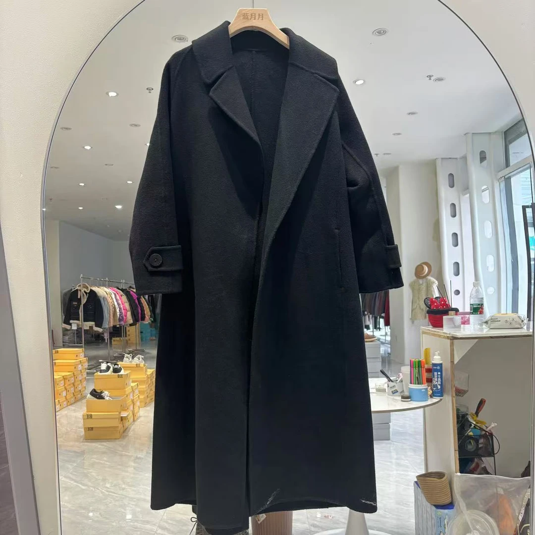 经典浴袍款羊毛大衣黑色秋冬气质时尚百搭韩系毛呢胸围88衣长107