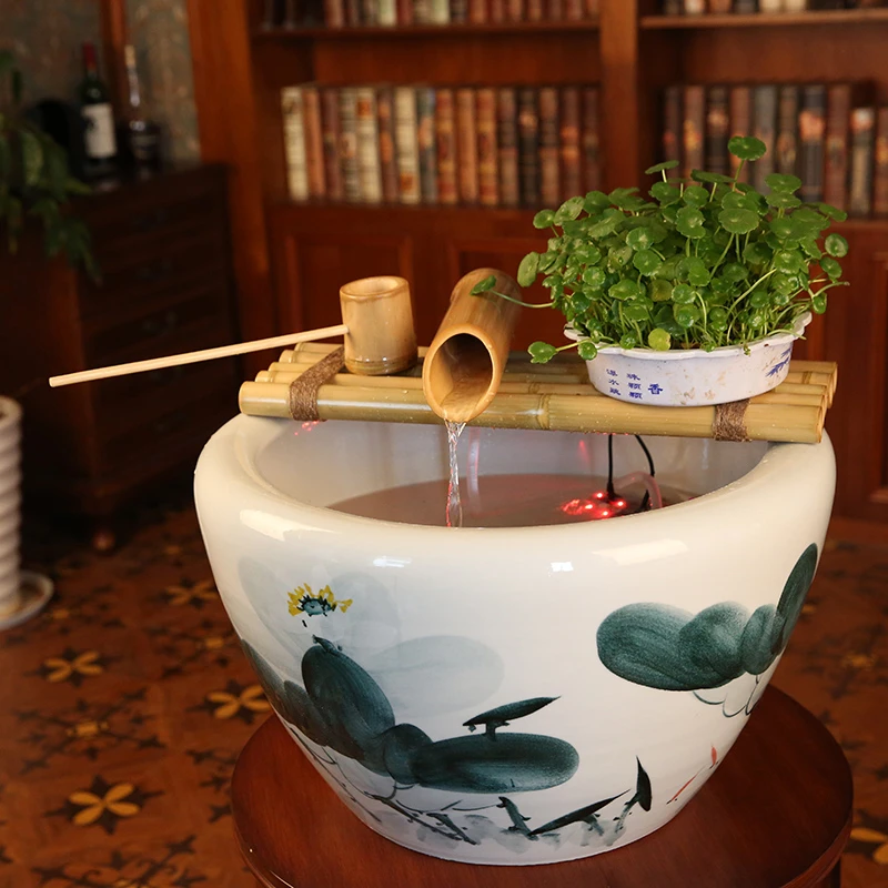 竹子工艺品鱼缸布景过滤器风水轮循环流水摆件加氧经典家居礼品