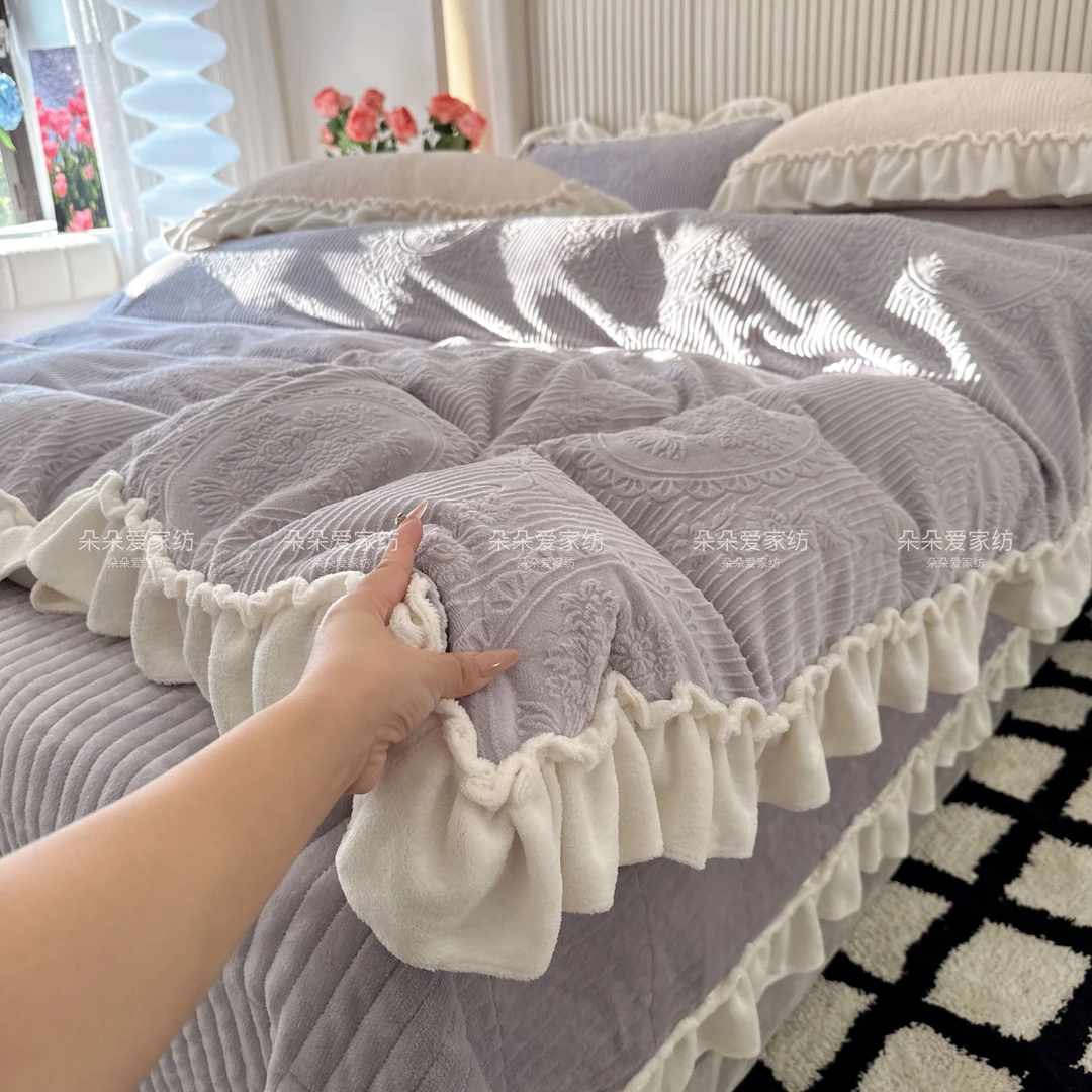 蝴蝶结冬季保暖牛奶绒床盖四件套夹棉绗缝加厚床单双面加绒被罩