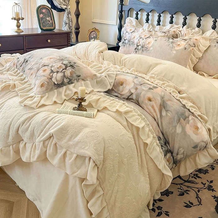 【惯】塔莉娅冬季加厚牛奶绒四件套双面毛绒法式花边被套复古雕花