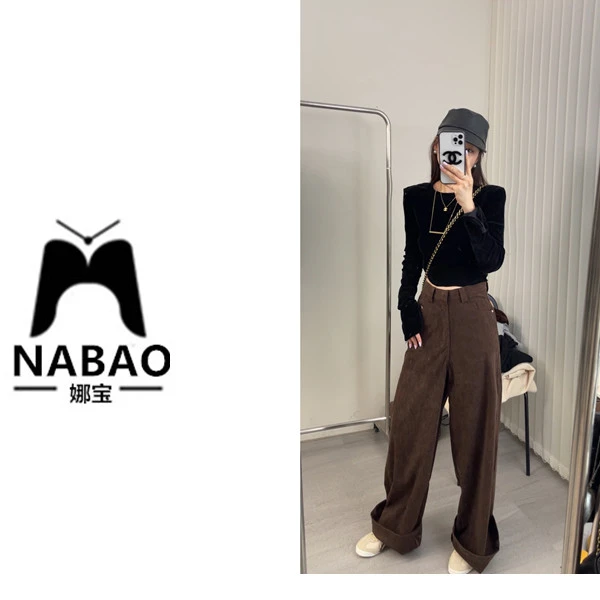 NABAO▶秋装女2023年新款复古高腰灯芯绒宽松阔腿裤子休闲长裤