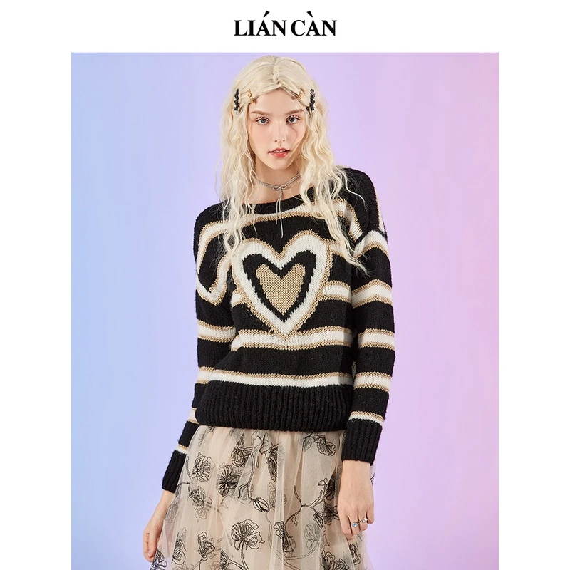 【莲灿】2025新浪漫波西米亚风百搭圆领条纹宽松毛衣7122434010