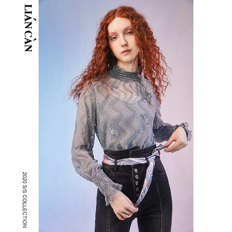 【莲灿】浪漫设计感蕾丝刺绣立领花边吊带雪纺长袖蕾丝衫7120319004