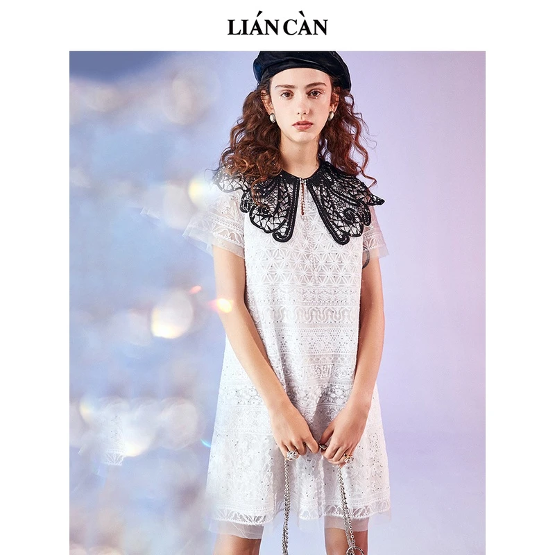 【莲灿】2025春浪漫流苏刺绣蝴蝶领雪纺蕾丝短袖连衣裙7121220008