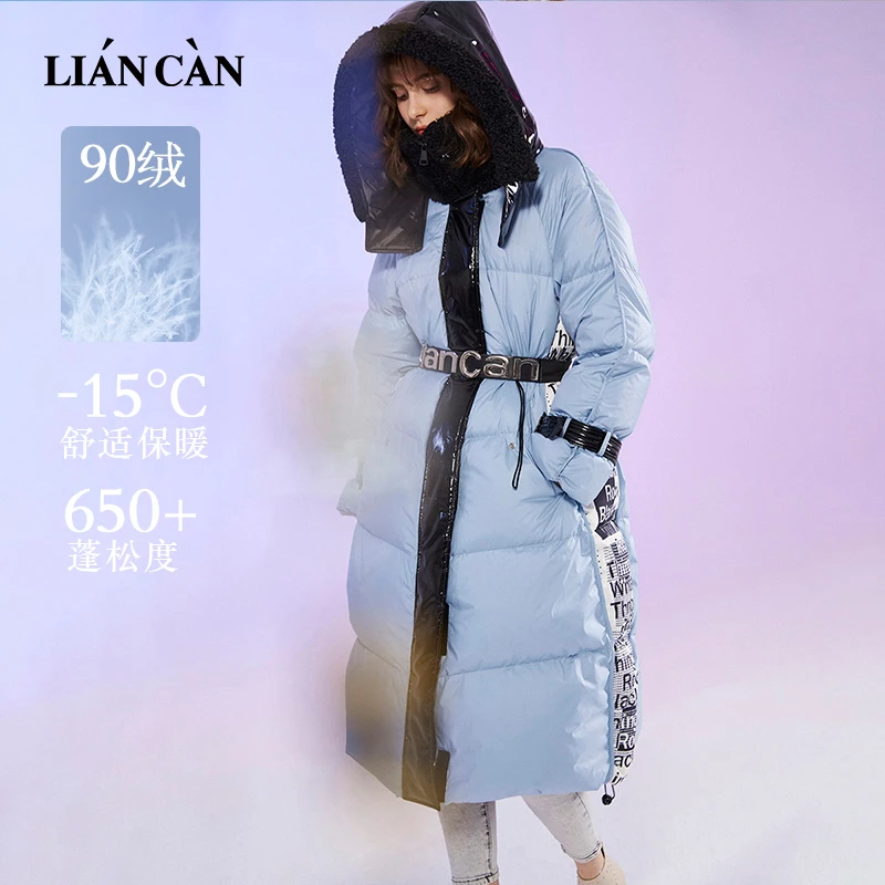 莲灿2025冬商场同款时尚设计款连帽中长款羽绒服71AW476006