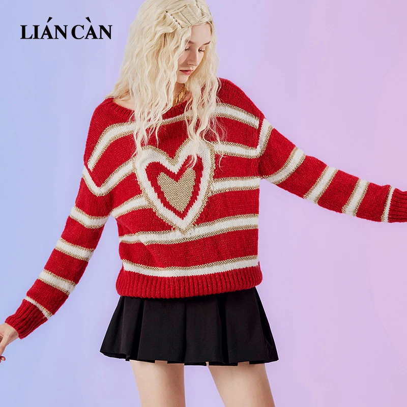 莲灿2025商场同款波西米亚风设计感红白条纹V领毛衣7122134009