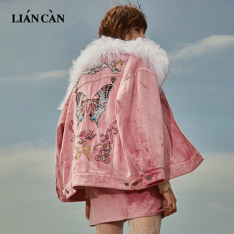 莲灿2025秋冬新减龄少女百搭毛领重工刺绣烫钻牛仔棉服7121477002