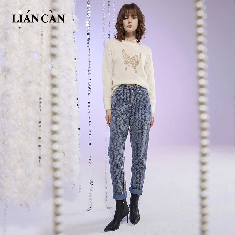 莲灿2025冬季新波西米亚风时尚百搭字母印花牛仔长裤71AN445001